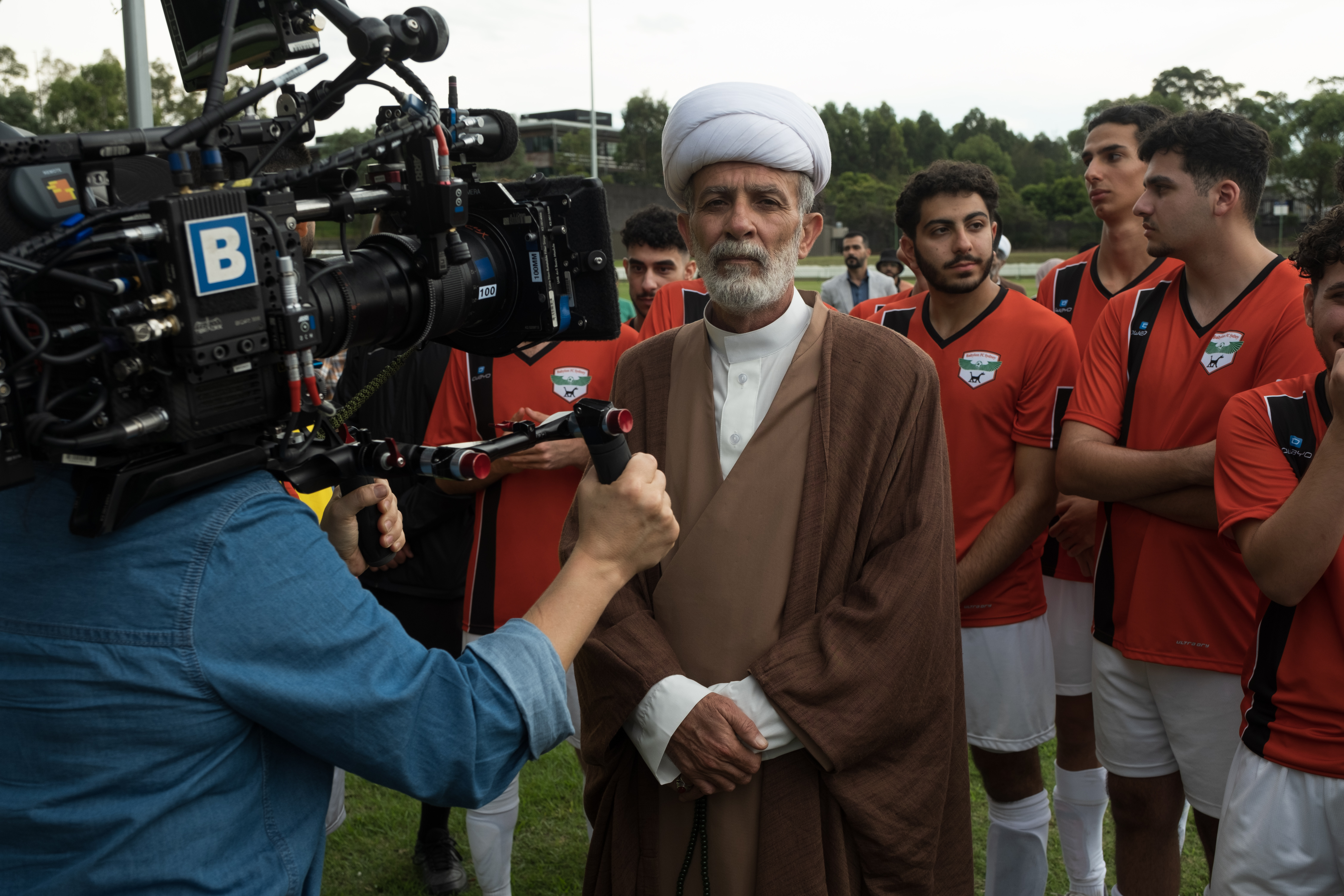 BTS on House of Gods. Kamel El Basha as Sheikh Mohammad. Credit: Daniel Asher Smith. Supplied by Matchbox Pictures.