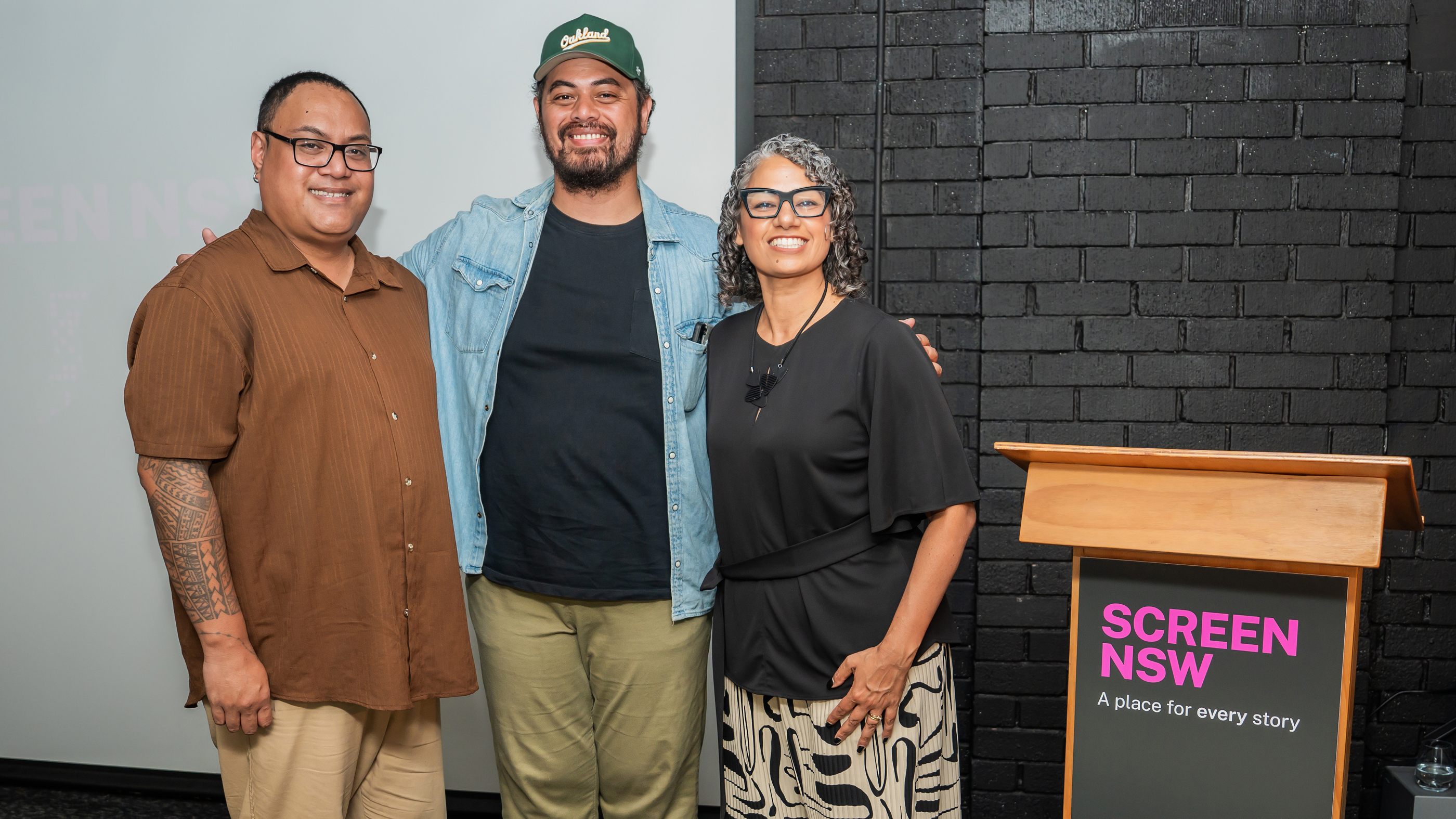 Screen NSW Western Sydney Sessions L R Gabriel Faatauuu Satiu Taofia Pelesasa and Head of Screen NSW Kyas Hepworth